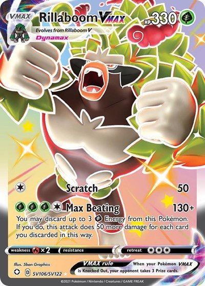 Pokémon card: Rillaboom VMAX SV106/SV122 from Shining Fates (Shiny Holo Rare), Grass type, front of card