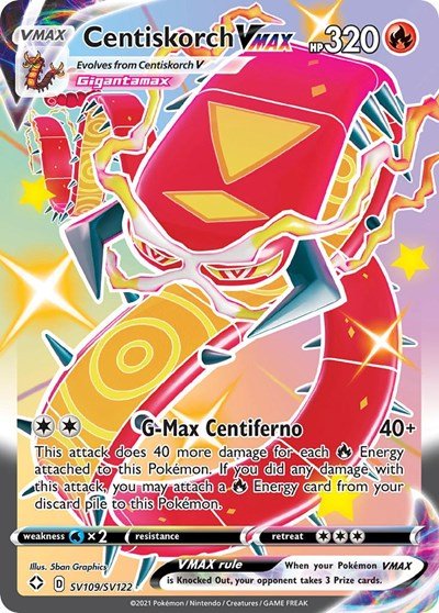 Pokémon card: Centiskorch VMAX SV109/SV122 from Shining Fates (Shiny Holo Rare), Fire type, front of card