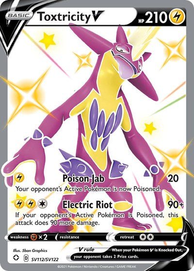 Pokémon card: Toxtricity V SV112/SV122 from Shining Fates (Shiny Holo Rare), Lightning type, front of card