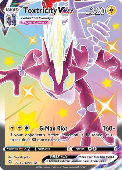 Pokémon card: Toxtricity VMAX SV113/SV122 from Shining Fates (Shiny Holo Rare), Lightning type, front of card