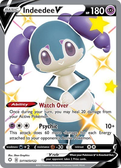 Pokémon card: Indeedee V SV114/SV122 from Shining Fates (Shiny Holo Rare), Psychic type, front of card