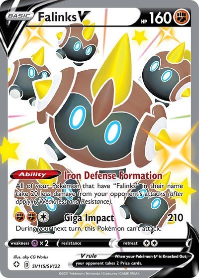 Pokémon card: Falinks V SV115/SV122 from Shining Fates (Shiny Holo Rare), Fighting type, front of card