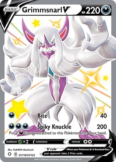 Pokémon card: Grimmsnarl V SV116/SV122 from Shining Fates (Shiny Holo Rare), Darkness type, front of card