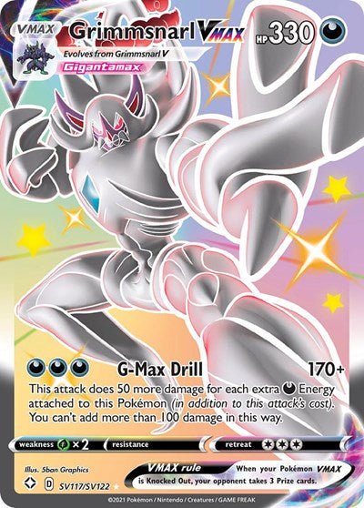 Pokémon card: Grimmsnarl VMAX SV117/SV122 from Shining Fates (Shiny Holo Rare), Darkness type, front of card