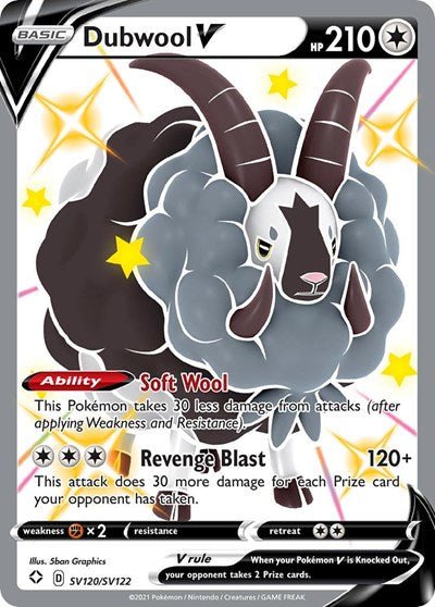 Pokémon card: Dubwool V SV120/SV122 from Shining Fates (Shiny Holo Rare), Colorless type, front of card