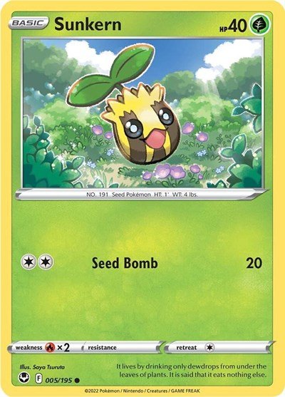 Pokémon card: Sunkern 005/195 from Silver Tempest (Common), Grass type, front of card