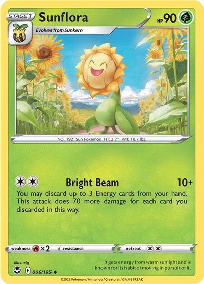 Pokémon card: Sunflora 006/195 from Silver Tempest (Uncommon), Grass type, front of card