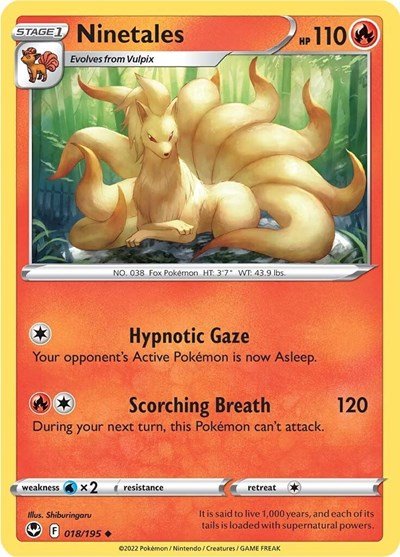 Pokémon card: Ninetales 018/195 from Silver Tempest (Uncommon), Fire type, front of card
