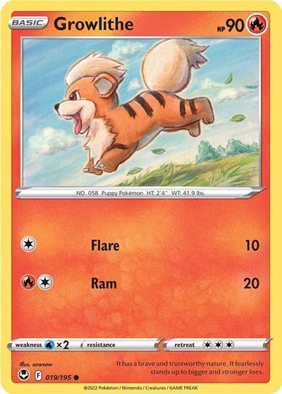 Pokémon card: Growlithe 019/195 from Silver Tempest (Common), Fire type, front of card