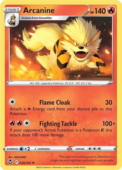 Pokémon card: Arcanine 020/195 from Silver Tempest (Rare), Fire type, front of card