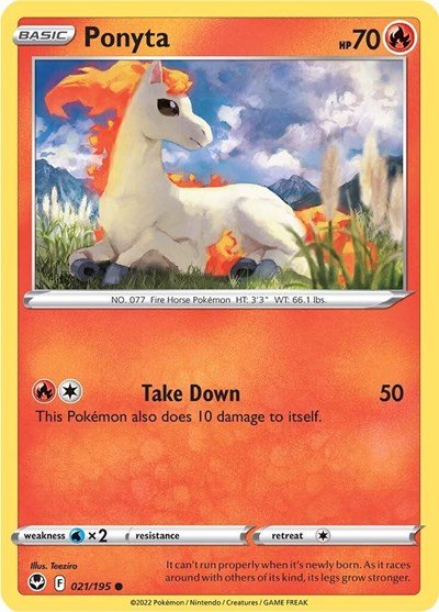 Pokémon card: Ponyta 021/195 from Silver Tempest (Common), Fire type, front of card