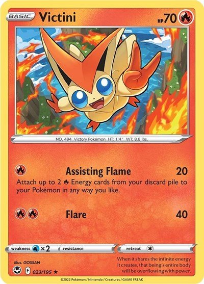 Pokémon card: Victini 023/195 from Silver Tempest (Rare), Fire type, front of card