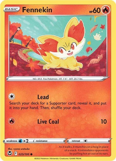 Pokémon card: Fennekin 025/195 from Silver Tempest (Common), Fire type, front of card