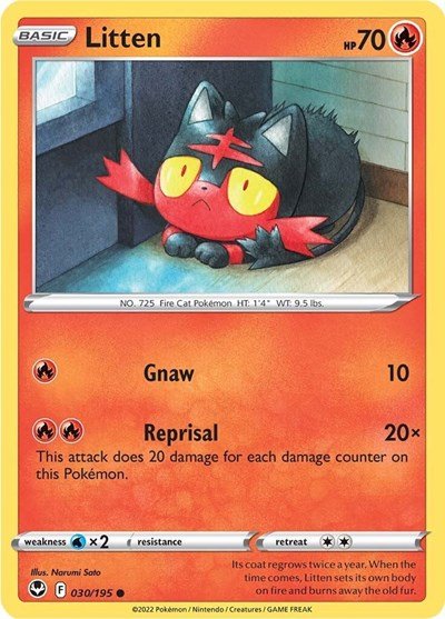 Pokémon card: Litten 030/195 from Silver Tempest (Common), Fire type, front of card