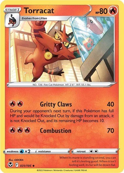 Pokémon card: Torracat 031/195 from Silver Tempest (Uncommon), Fire type, front of card
