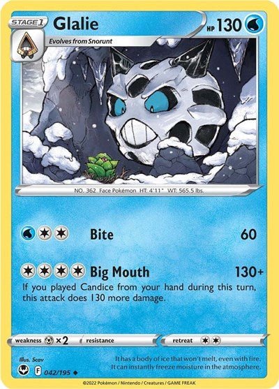 Pokémon card: Glalie 042/195 from Silver Tempest (Uncommon), Water type, front of card