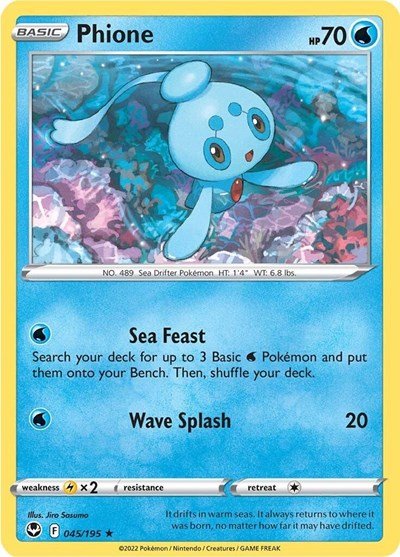 Pokémon card: Phione 045/195 from Silver Tempest (Rare), Water type, front of card
