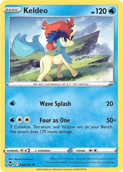 Pokémon card: Keldeo 046/195 from Silver Tempest (Rare), Water type, front of card