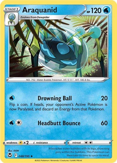 Pokémon card: Araquanid 048/195 from Silver Tempest (Uncommon), Water type, front of card
