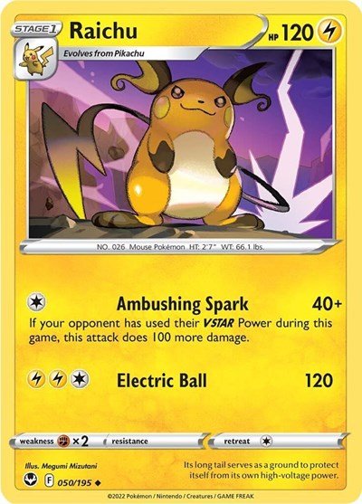 Pokémon card: Raichu 050/195 from Silver Tempest (Uncommon), Lightning type, front of card