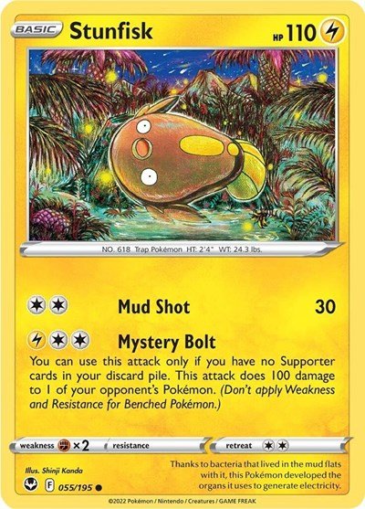 Pokémon card: Stunfisk 055/195 from Silver Tempest (Common), Lightning type, front of card