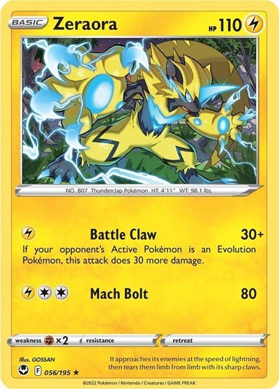 Pokémon card: Zeraora 056/195 from Silver Tempest (Rare), Lightning type, front of card