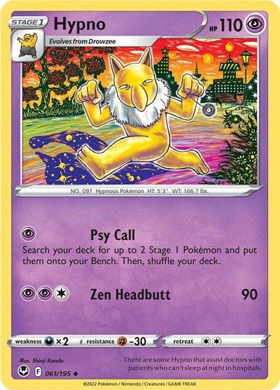 Pokémon card: Hypno 061/195 from Silver Tempest (Uncommon), Psychic type, front of card