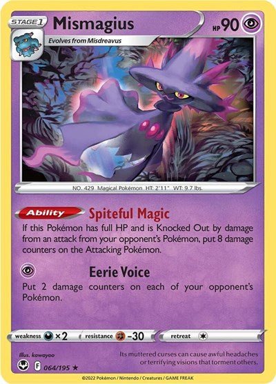 Pokémon card: Mismagius 064/195 from Silver Tempest (Rare), Psychic type, front of card