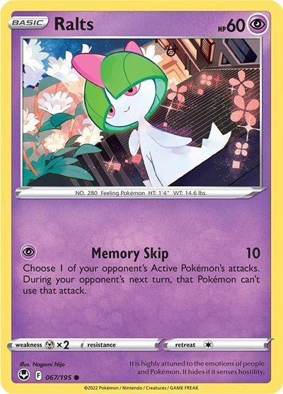 Pokémon card: Ralts 067/195 from Silver Tempest (Common), Psychic type, front of card