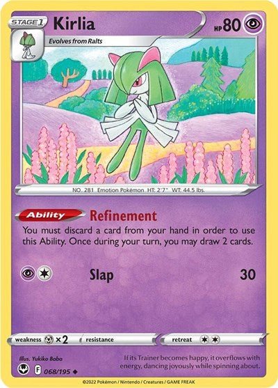 Pokémon card: Kirlia 068/195 from Silver Tempest (Uncommon), Psychic type, front of card