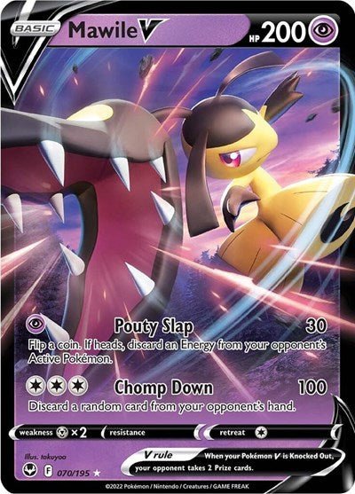 Pokémon card: Mawile V 070/195 from Silver Tempest (Ultra Rare), Psychic type, front of card