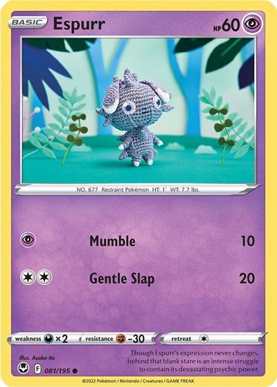 Pokémon card: Espurr 081/195 from Silver Tempest (Common), Psychic type, front of card