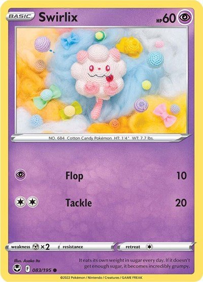 Pokémon card: Swirlix 083/195 from Silver Tempest (Common), Psychic type, front of card