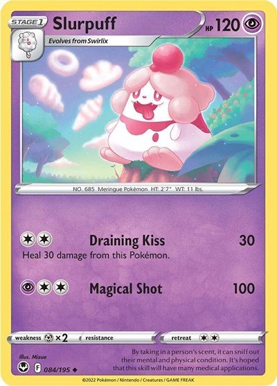 Pokémon card: Slurpuff 084/195 from Silver Tempest (Uncommon), Psychic type, front of card