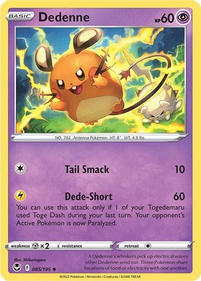 Pokémon card: Dedenne 085/195 from Silver Tempest (Uncommon), Psychic type, front of card