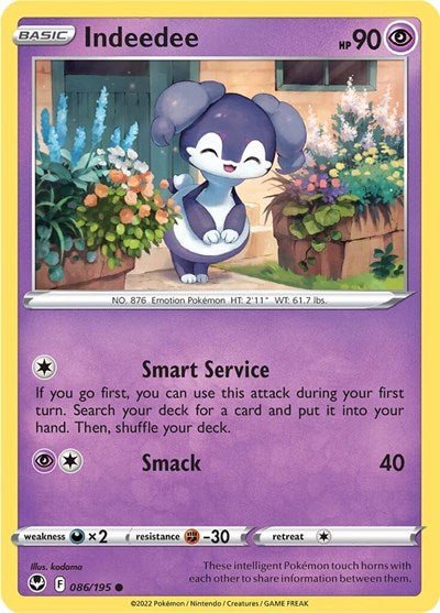 Pokémon card: Indeedee 086/195 from Silver Tempest (Common), Psychic type, front of card