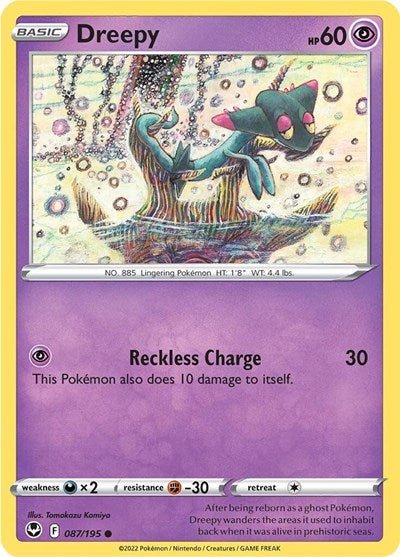 Pokémon card: Dreepy 087/195 from Silver Tempest (Common), Psychic type, front of card