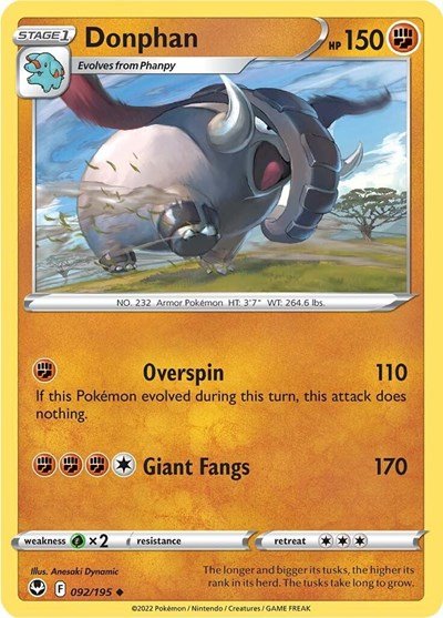 Pokémon card: Donphan 092/195 from Silver Tempest (Uncommon), Fighting type, front of card