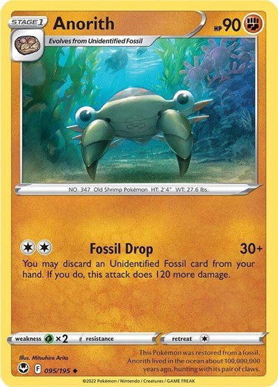 Pokémon card: Anorith 095/195 from Silver Tempest (Uncommon), Fighting type, front of card