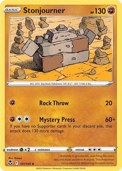 Pokémon card: Stonjourner 101/195 from Silver Tempest (Uncommon), Fighting type, front of card