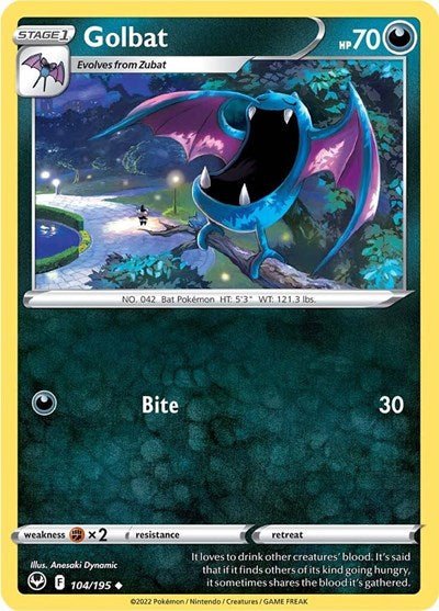 Pokémon card: Golbat 104/195 from Silver Tempest (Uncommon), Darkness type, front of card