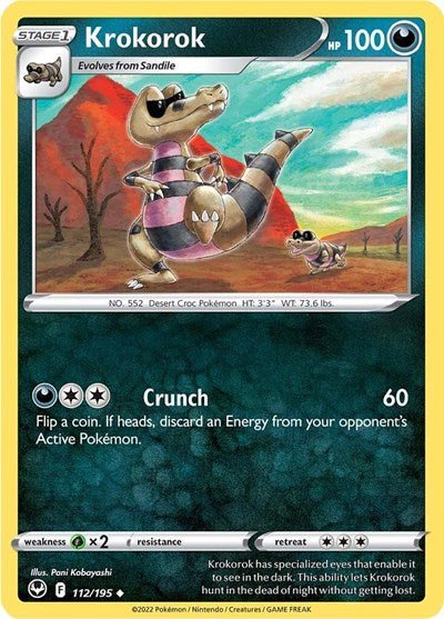 Pokémon card: Krokorok 112/195 from Silver Tempest (Uncommon), Darkness type, front of card