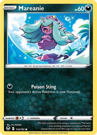 Pokémon card: Mareanie 114/195 from Silver Tempest (Common), Darkness type, front of card