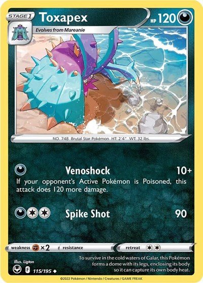 Pokémon card: Toxapex 115/195 from Silver Tempest (Uncommon), Darkness type, front of card