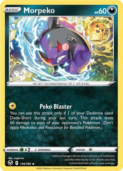 Pokémon card: Morpeko 116/195 from Silver Tempest (Uncommon), Darkness type, front of card