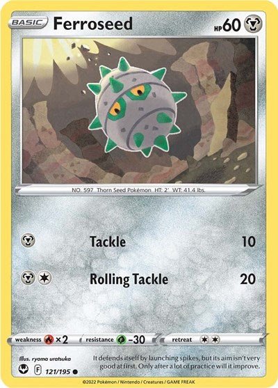 Pokémon card: Ferroseed 121/195 from Silver Tempest (Common), Metal type, front of card