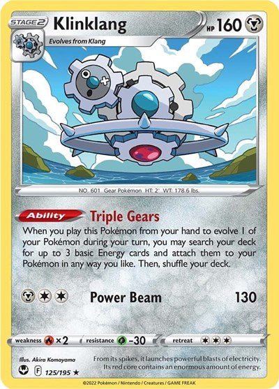 Pokémon card: Klinklang 125/195 from Silver Tempest (Rare), Metal type, front of card