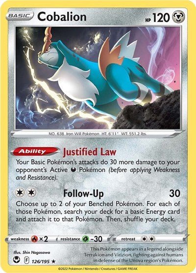 Pokémon card: Cobalion 126/195 from Silver Tempest (Rare), Metal type, front of card