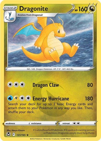 Pokémon card: Dragonite 131/195 from Silver Tempest (Holo Rare), Dragon type, front of card