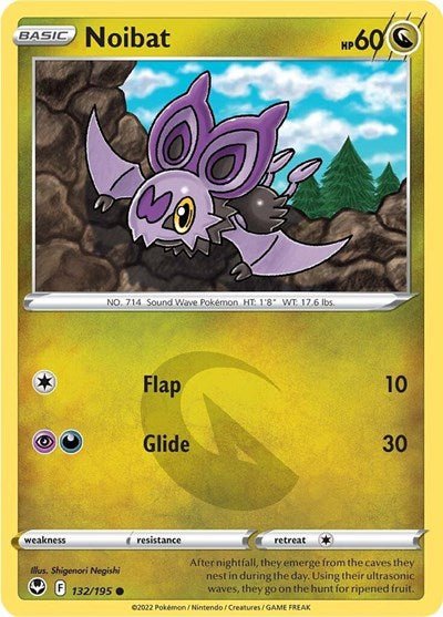 Pokémon card: Noibat 132/195 from Silver Tempest (Common), Dragon type, front of card